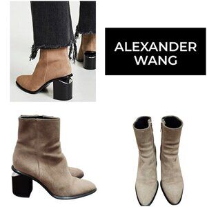 Alexander Wang Suede Ankle Boots Taupe Block Heel Zip Booties Size 36.5 US 6